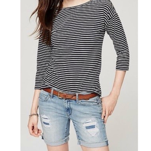 LOFT Tops - LOFT Black Striped 3/4 Sleeve Scoop Back Tee XS